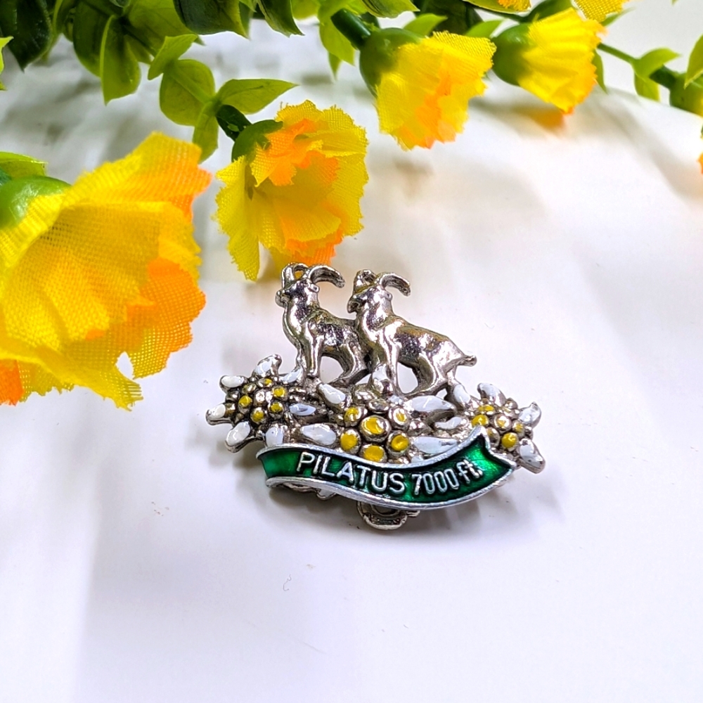 Jowa Brand Signed Vintage St Anton's 2 Goats and Flowers Brooch